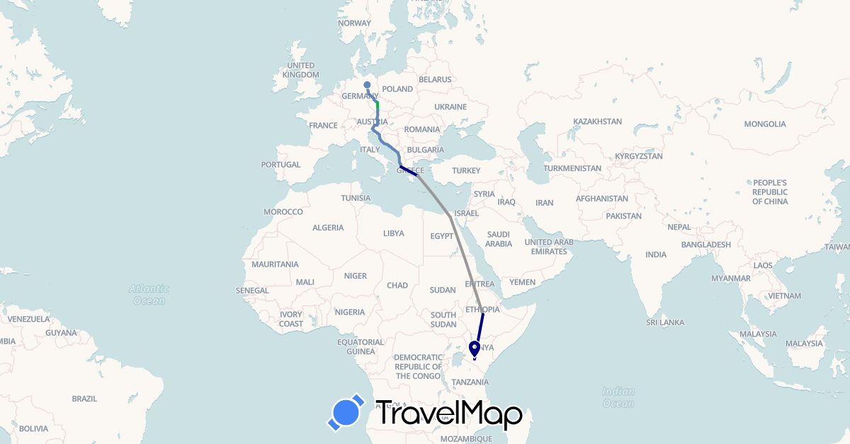 TravelMap itinerary: driving, bus, plane, cycling in Albania, Austria, Czech Republic, Germany, Egypt, Ethiopia, Greece, Croatia, Italy, Kenya, Montenegro (Africa, Europe)
